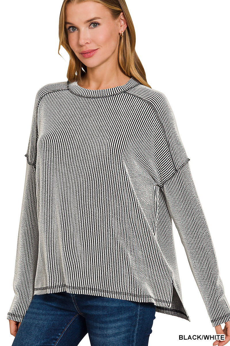 Zenana Textured Line Raw Edge Boat Neck Long Sleeve Top