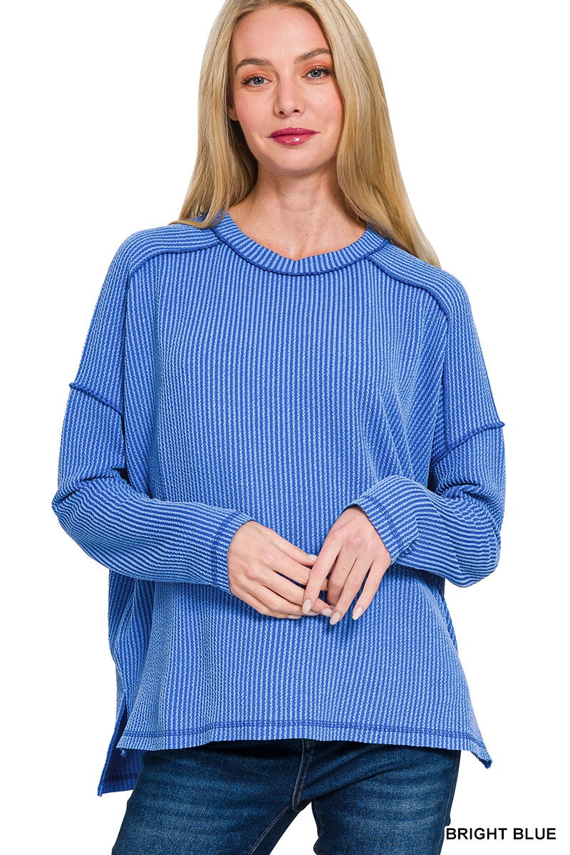 Zenana TEXTURED LINE RAW EDGE BOAT NECK LONG SLEEVE TOP