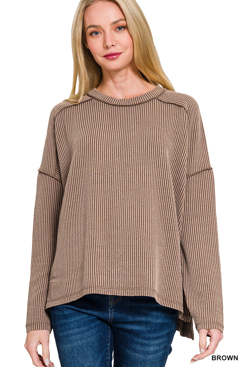 Zenana TEXTURED LINE RAW EDGE BOAT NECK LONG SLEEVE TOP