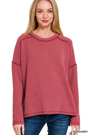 Zenana TEXTURED LINE RAW EDGE BOAT NECK LONG SLEEVE TOP