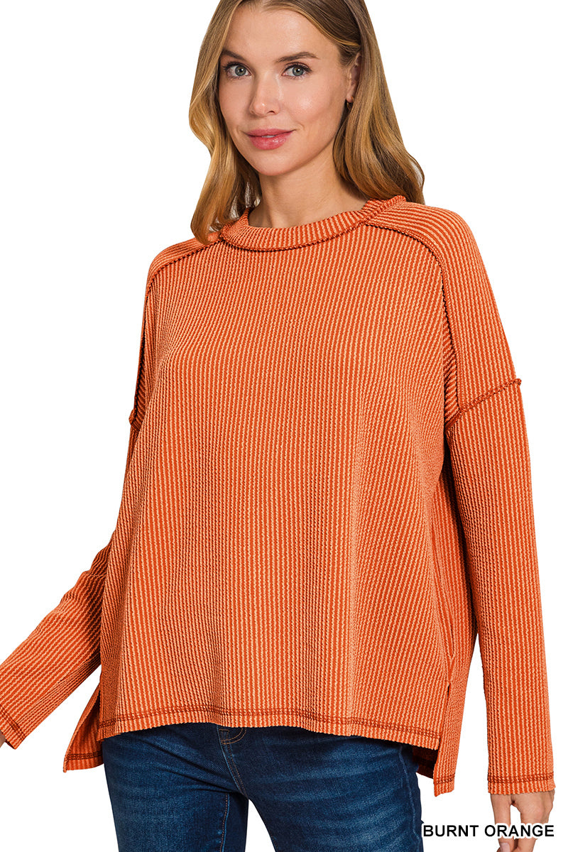 Zenana Textured Line Raw Edge Boat Neck Long Sleeve Top