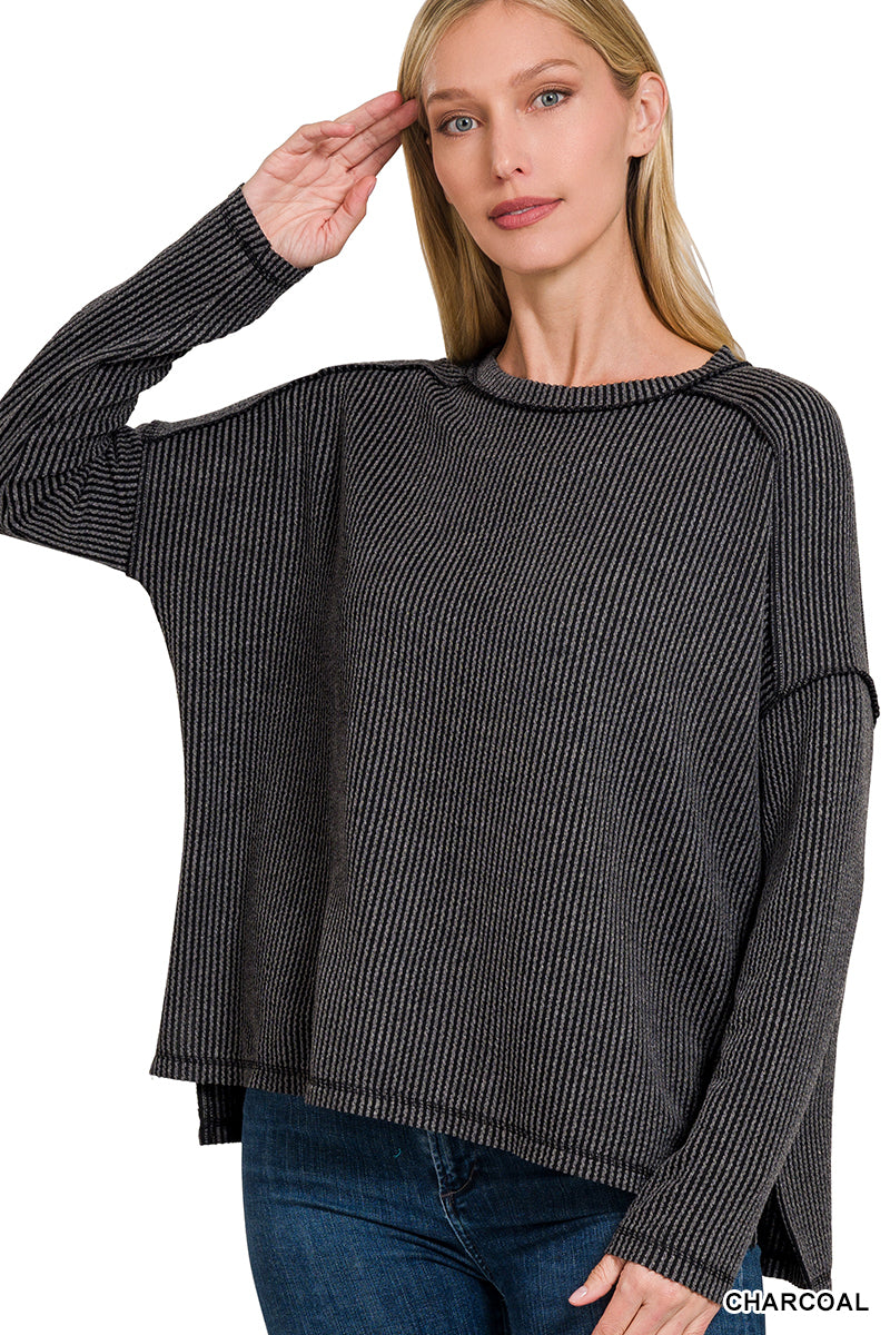 Zenana TEXTURED LINE RAW EDGE BOAT NECK LONG SLEEVE TOP