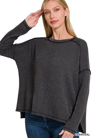 Zenana TEXTURED LINE RAW EDGE BOAT NECK LONG SLEEVE TOP