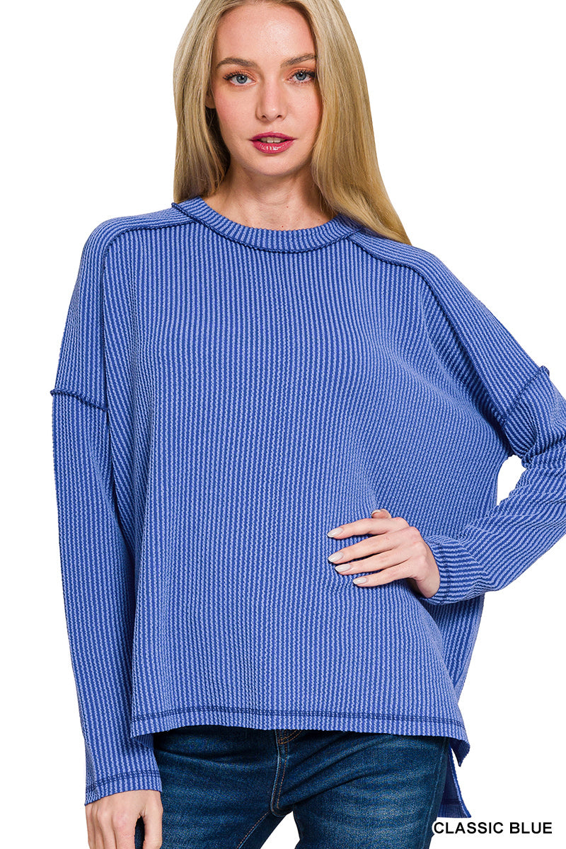 Zenana Textured Line Raw Edge Boat Neck Long Sleeve Top