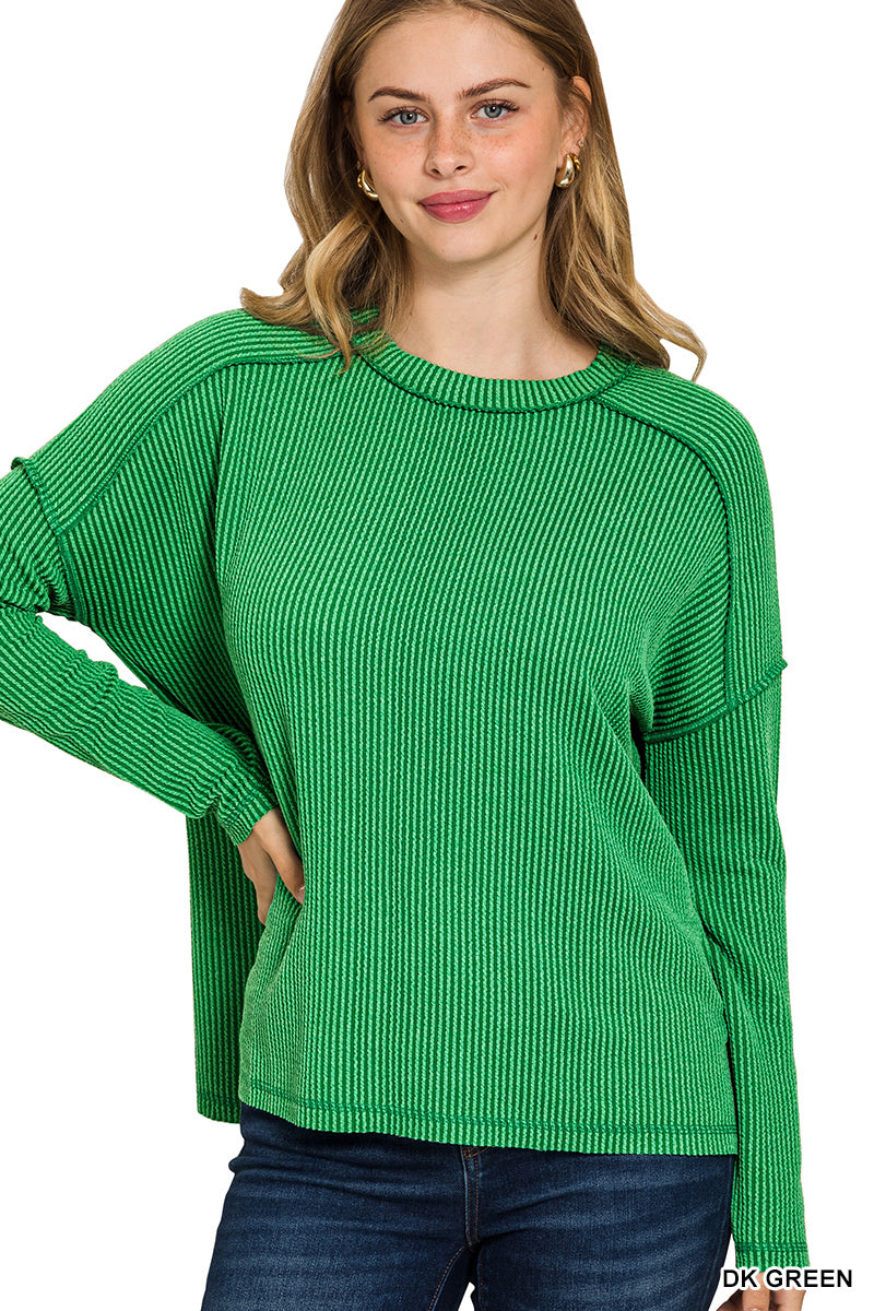 Zenana Textured Line Raw Edge Boat Neck Long Sleeve Top