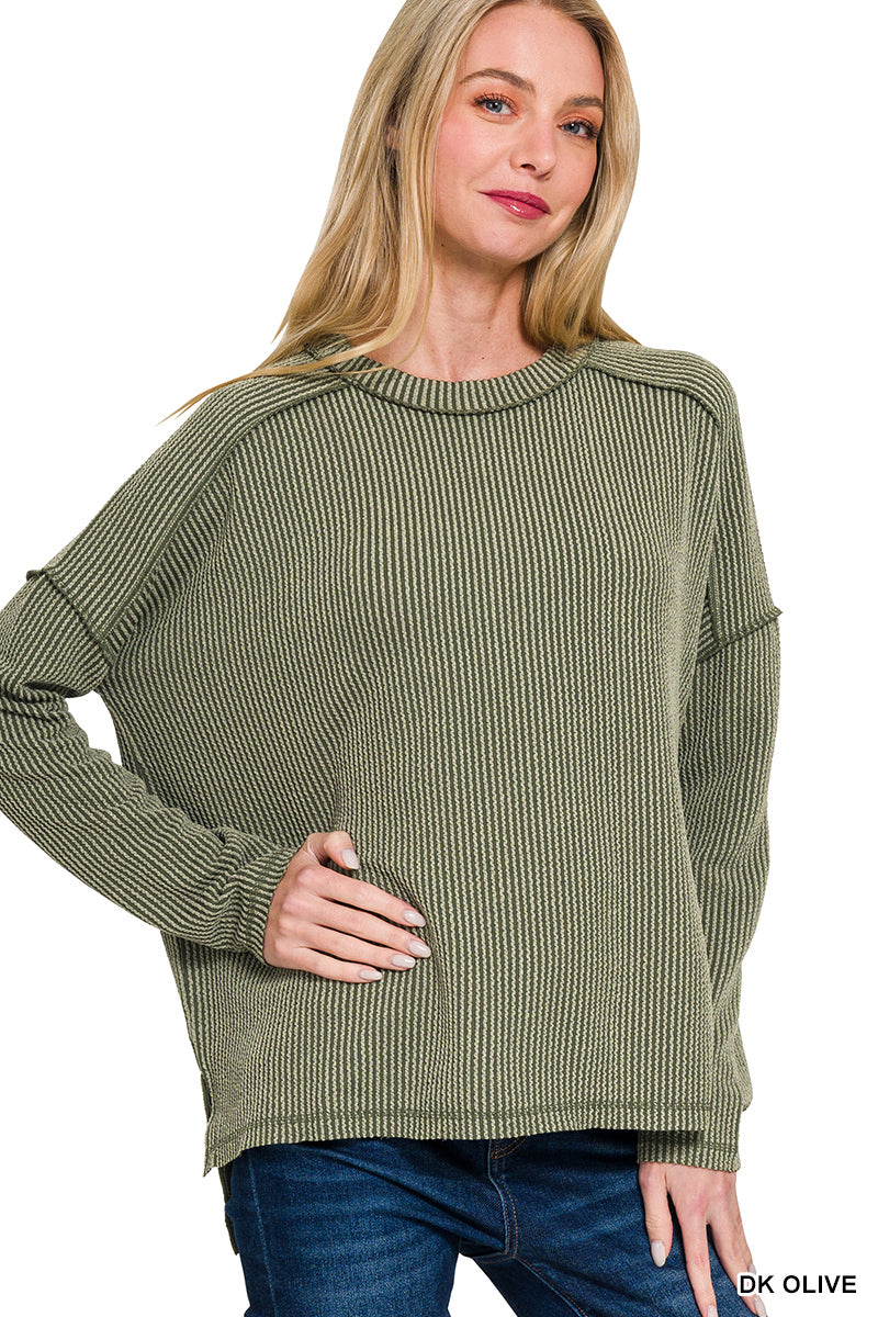 Zenana TEXTURED LINE RAW EDGE BOAT NECK LONG SLEEVE TOP