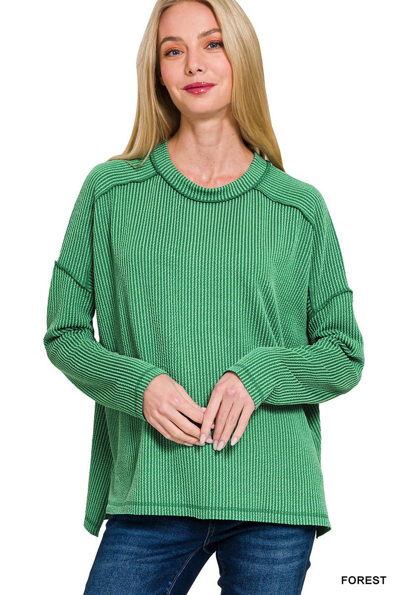 Zenana TEXTURED LINE RAW EDGE BOAT NECK LONG SLEEVE TOP