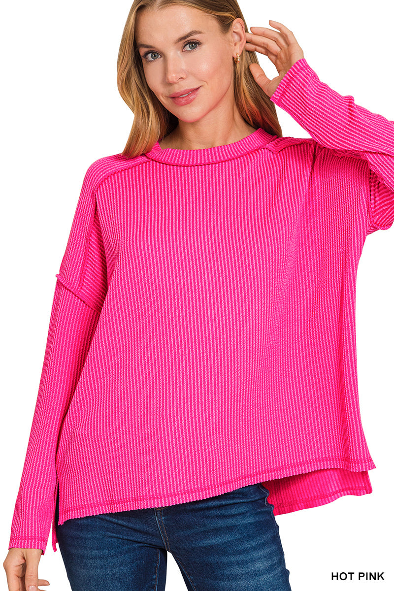 Zenana Textured Line Raw Edge Boat Neck Long Sleeve Top