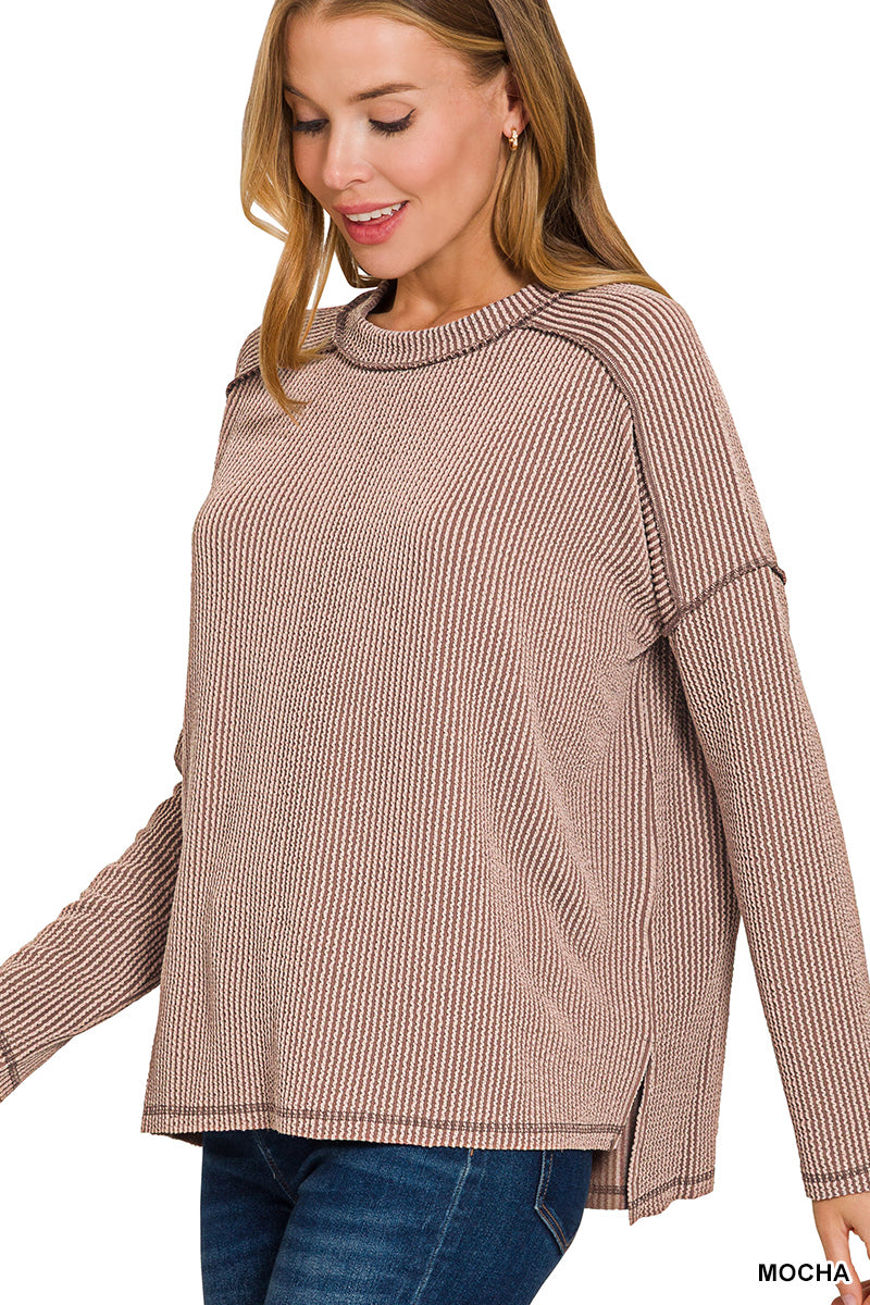 Zenana Textured Line Raw Edge Boat Neck Long Sleeve Top
