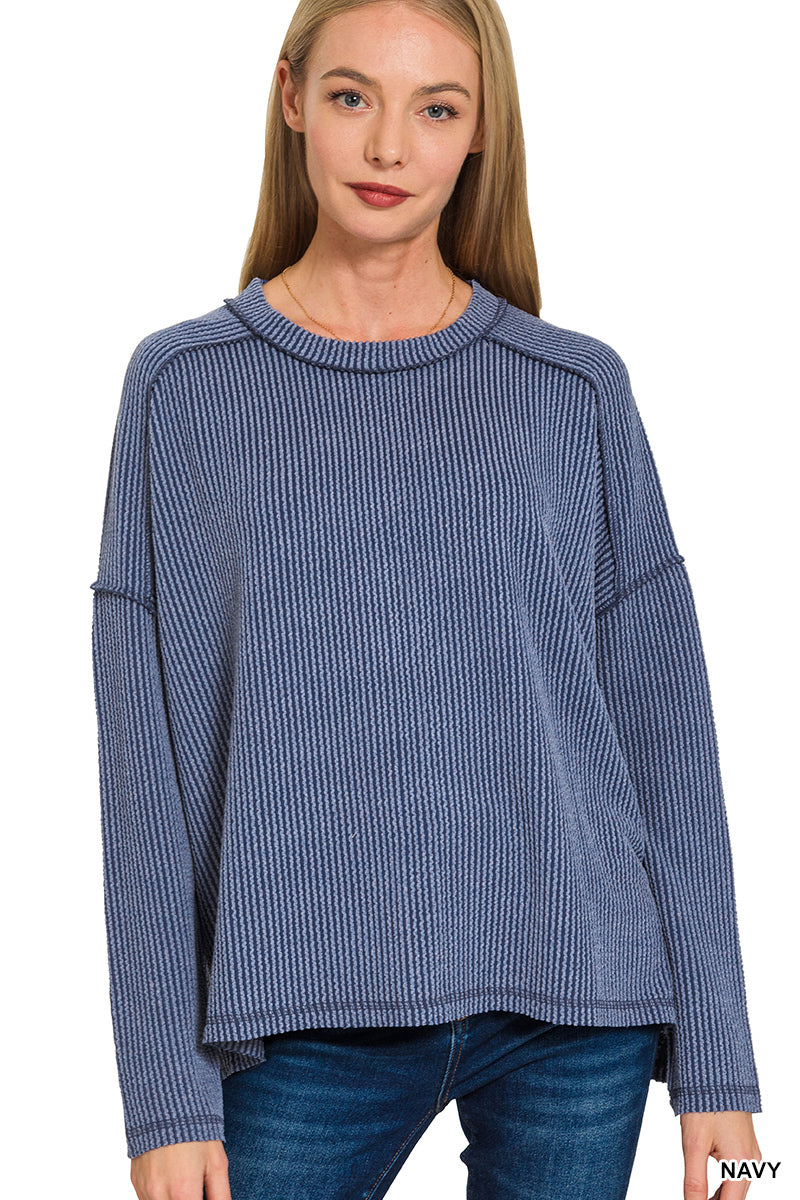 Zenana Textured Line Raw Edge Boat Neck Long Sleeve Top
