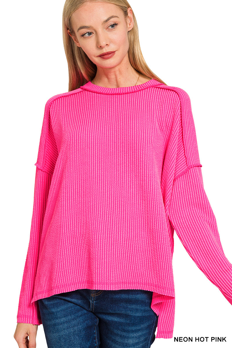Zenana Textured Line Raw Edge Boat Neck Long Sleeve Top