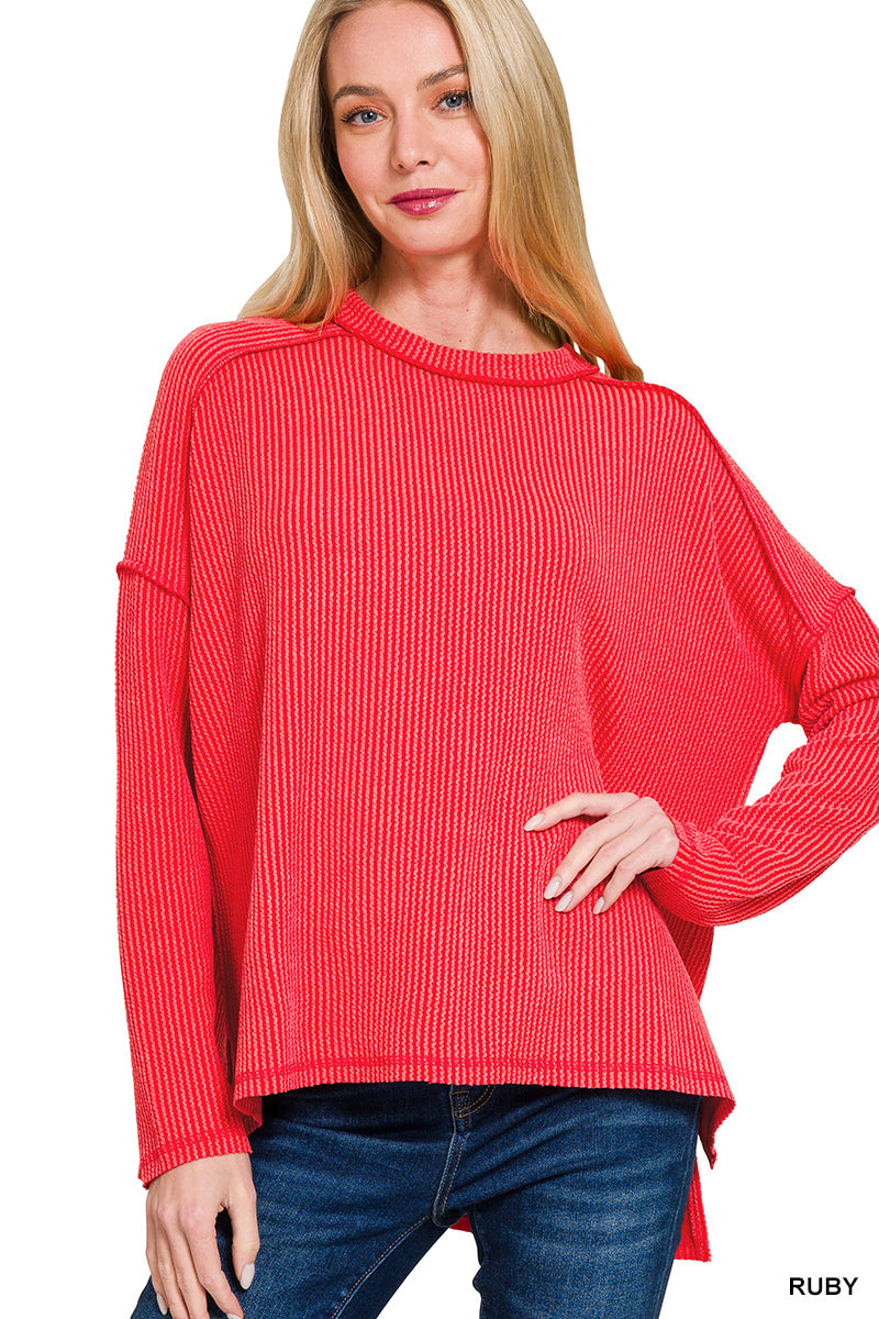 Zenana TEXTURED LINE RAW EDGE BOAT NECK LONG SLEEVE TOP