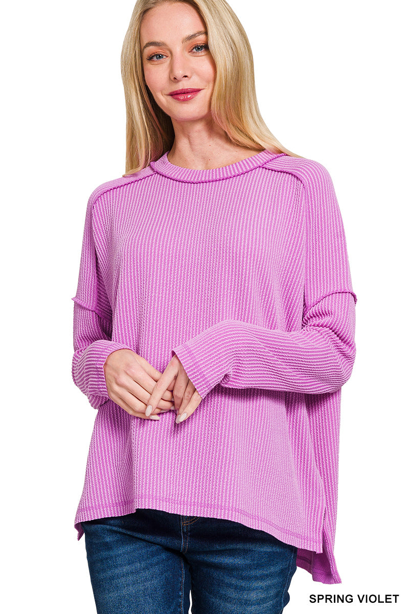 Zenana Textured Line Raw Edge Boat Neck Long Sleeve Top