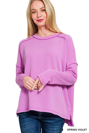 Zenana TEXTURED LINE RAW EDGE BOAT NECK LONG SLEEVE TOP