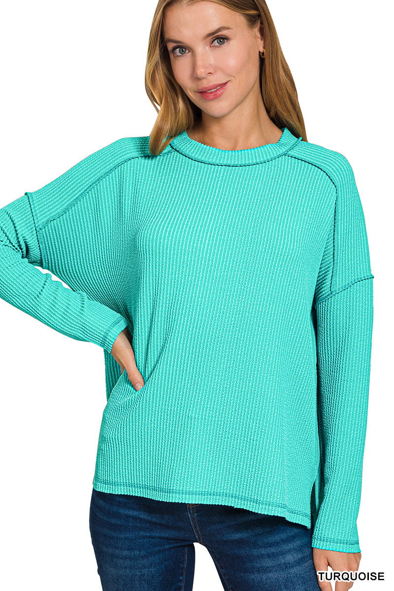 Zenana Textured Line Raw Edge Boat Neck Long Sleeve Top