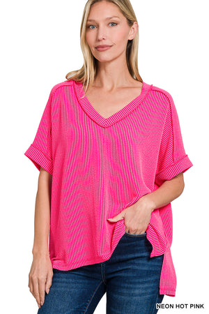 Plus Corded Rib V-Neck Cuff Sleeve Raw Edge Top