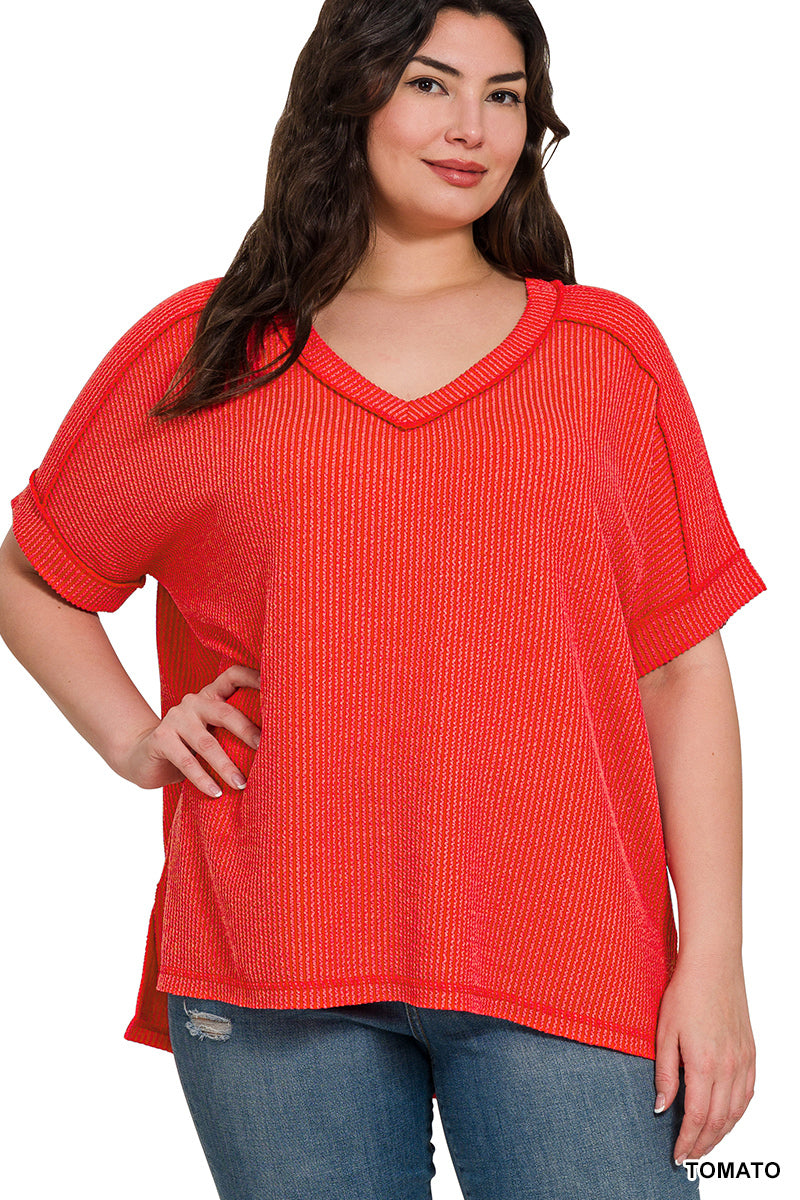 Plus Corded Rib V-Neck Cuff Sleeve Raw Edge Top