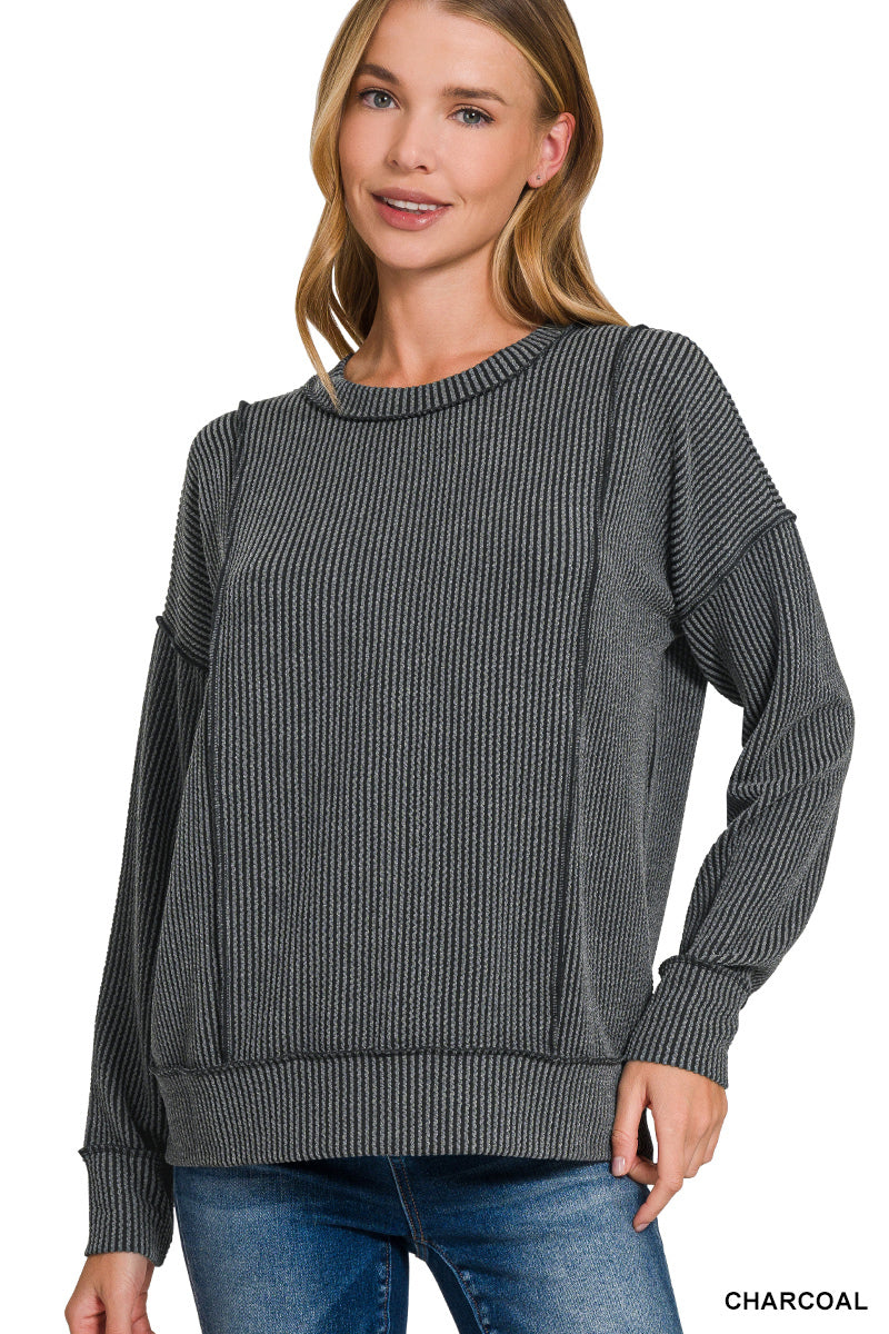 Zenana Corded Ribbed Long Sleeve Pullover Top