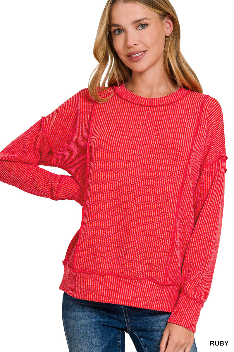 Zenana Corded Ribbed Long Sleeve Pullover Top