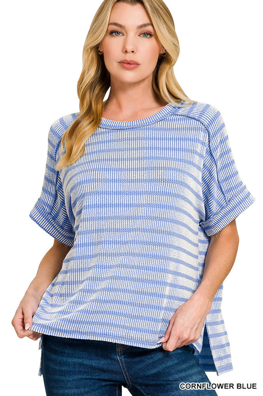 Zenana Raised Rib Striped Exposed Seam Top