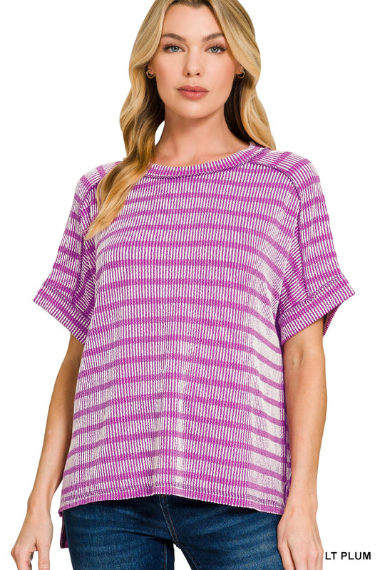 Zenana Raised Rib Striped Exposed Seam Top