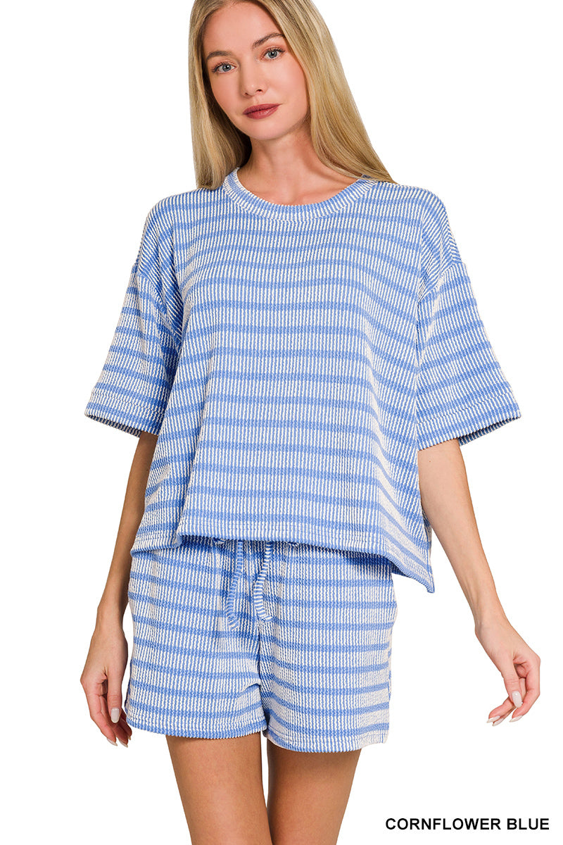 Zenana Raised Rib Striped Short Set
