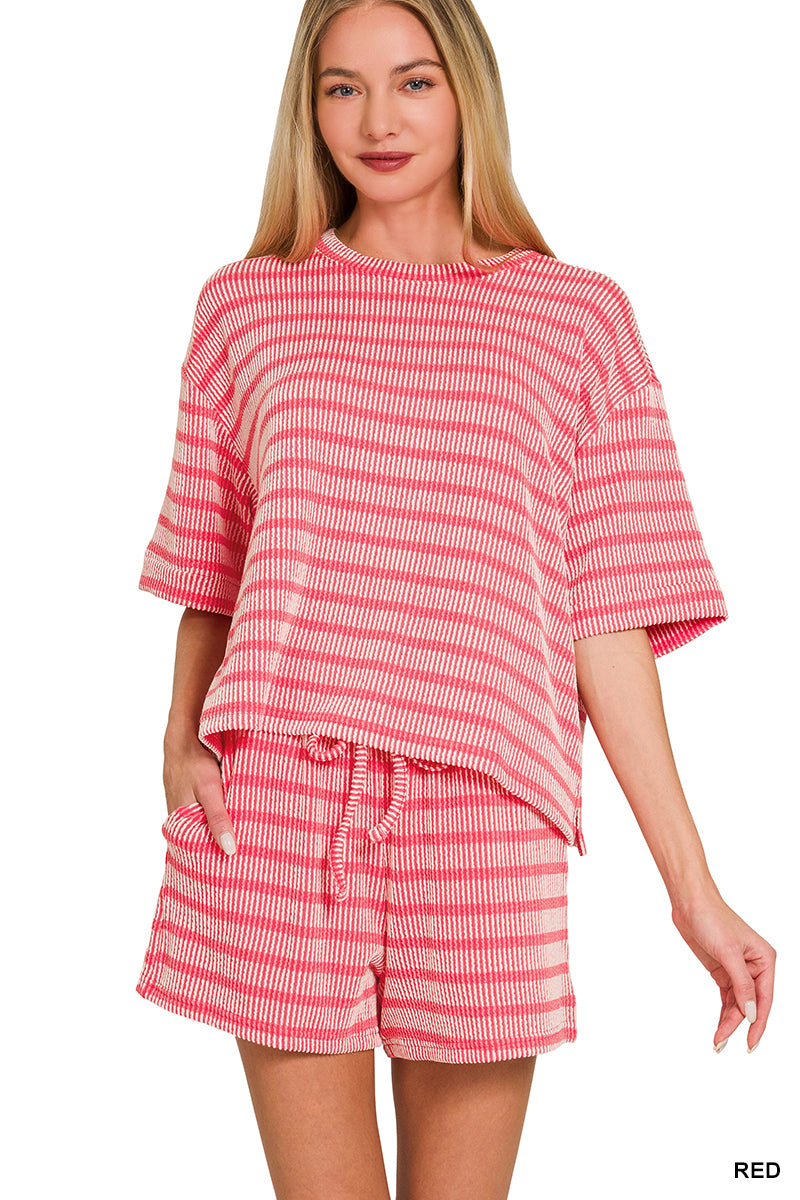 Zenana Raised Rib Striped Short Set