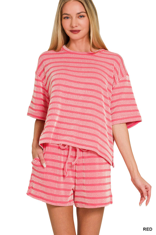 Zenana Raised Rib Striped Short Set