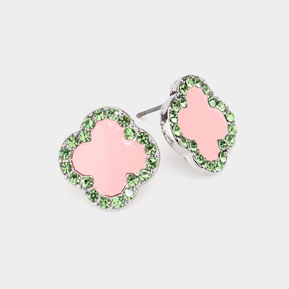 Stone Paved Rim Enamel Quatrefoil Stud Earrings