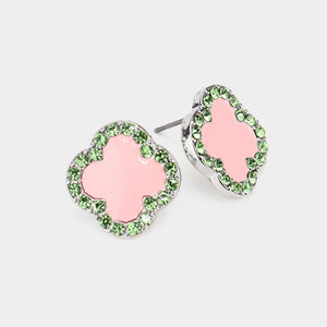 Stone Paved Rim Enamel Quatrefoil Stud Earrings