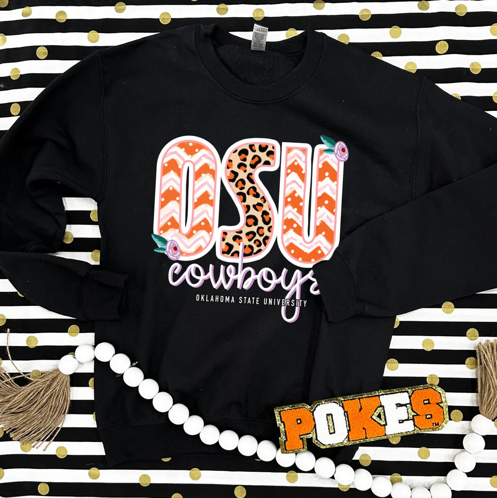 Calamity Jane's Apparel OSU Leopard & Mixed Chevron Pattern Graphic Sweatshirt