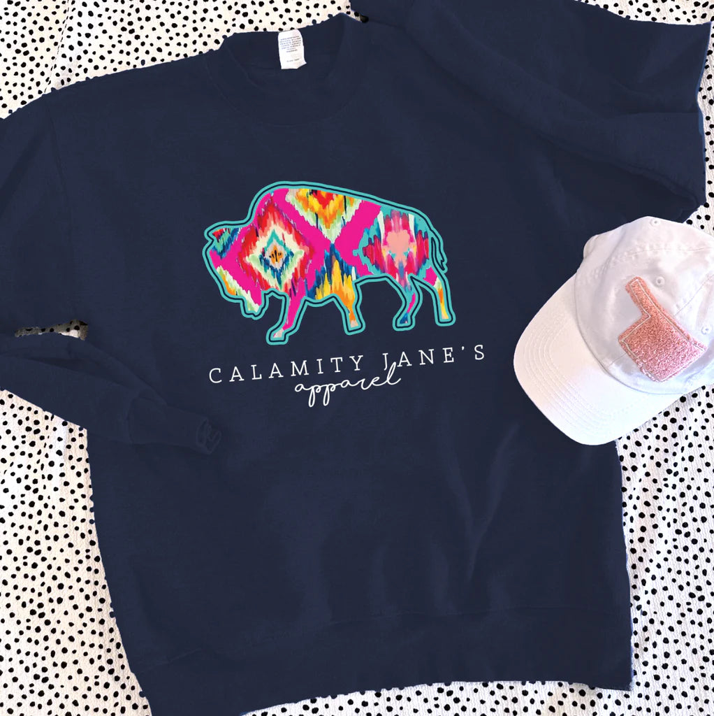Calamity Jane's Apparel Hot Pink & Navy Ikat CJ Logo Graphic Sweatshirt
