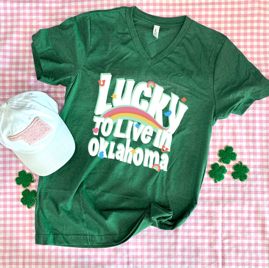 Lucky to Live in Oklahoma V-Neck Graphic Tee by Calamity Jane's Apparel