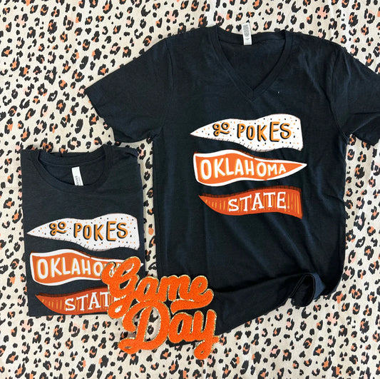 Go Pokes Black Pennant V-Neck Graphic Tee by Calamity Jane's Apparel
