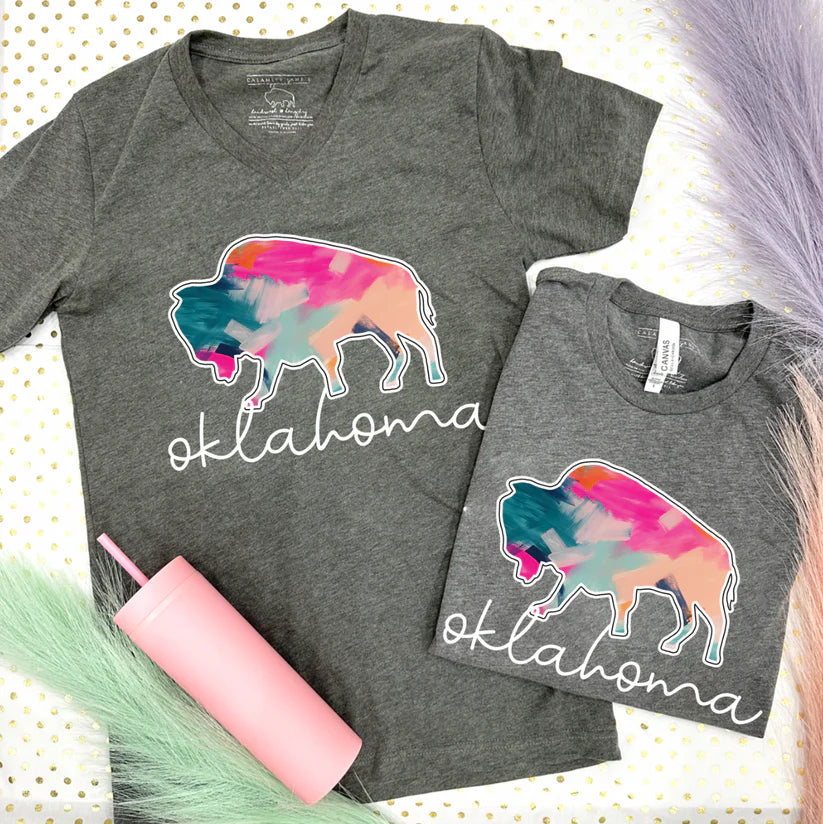 Painted Abstract Okla Buffalo V-Neck Graphic Tee by Calamity Jane's Apparel