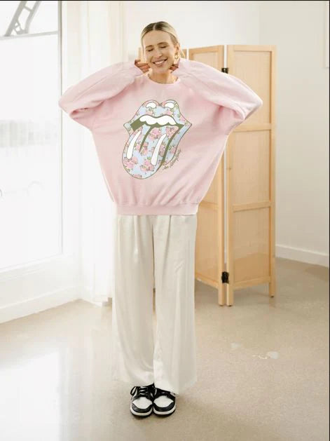 LivyLu Rolling Stones Floral Lick Pink Thrifted Graphic Sweatshirt