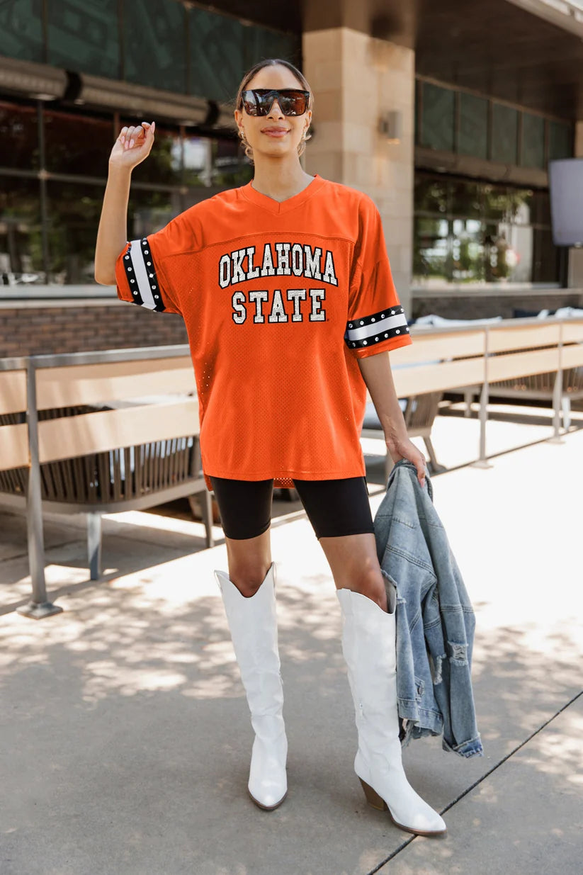 GC OSU Until Kickoff Rhinestone Trim Sleeve Top
