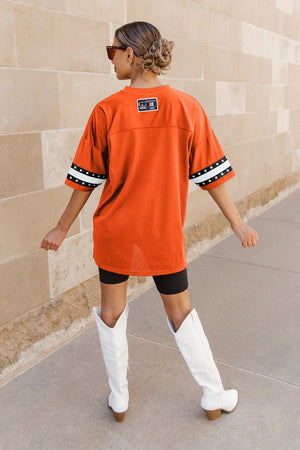 GC OSU Until Kickoff Rhinestone Trim Sleeve Top