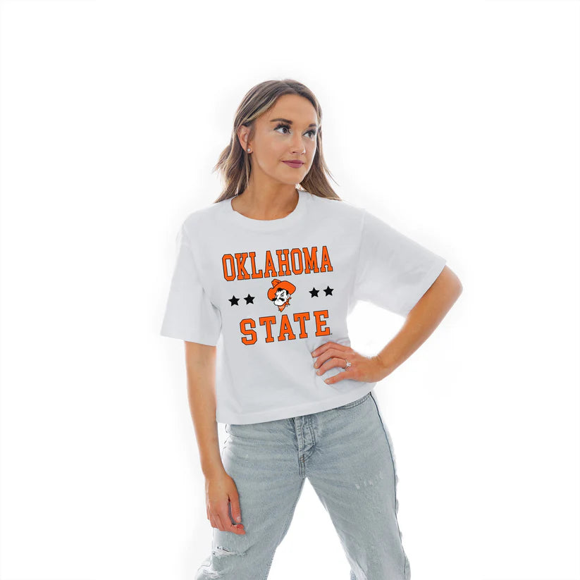 OKLAHOMA STATE COWBOYS TO THE POINT BOXY FIT WOMEN'S CROP TEE