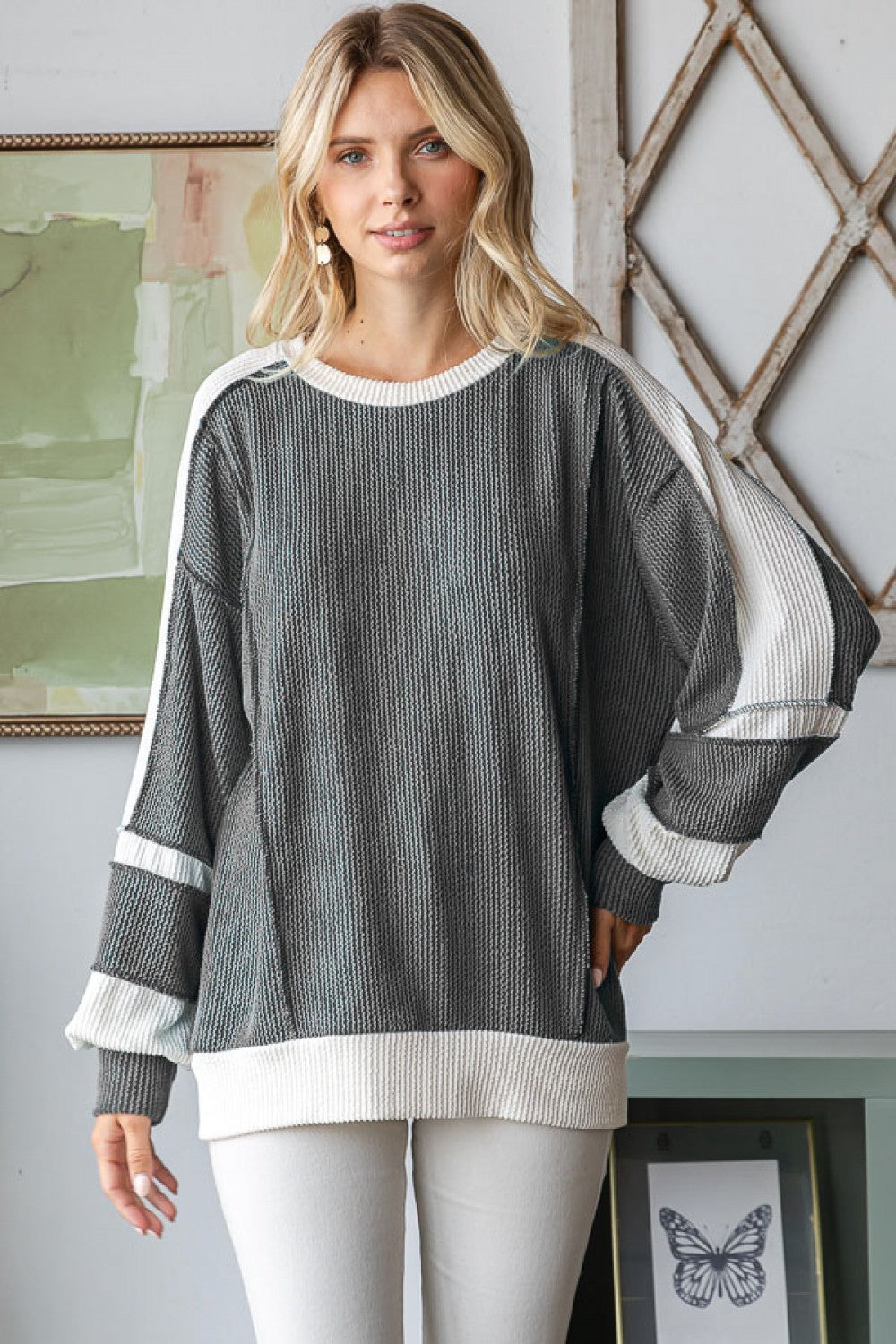 Color Block Ribbed Long Sleeve Top