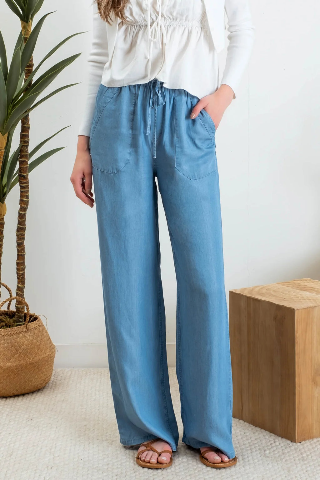 Chambray High Waist Drawstring Pants