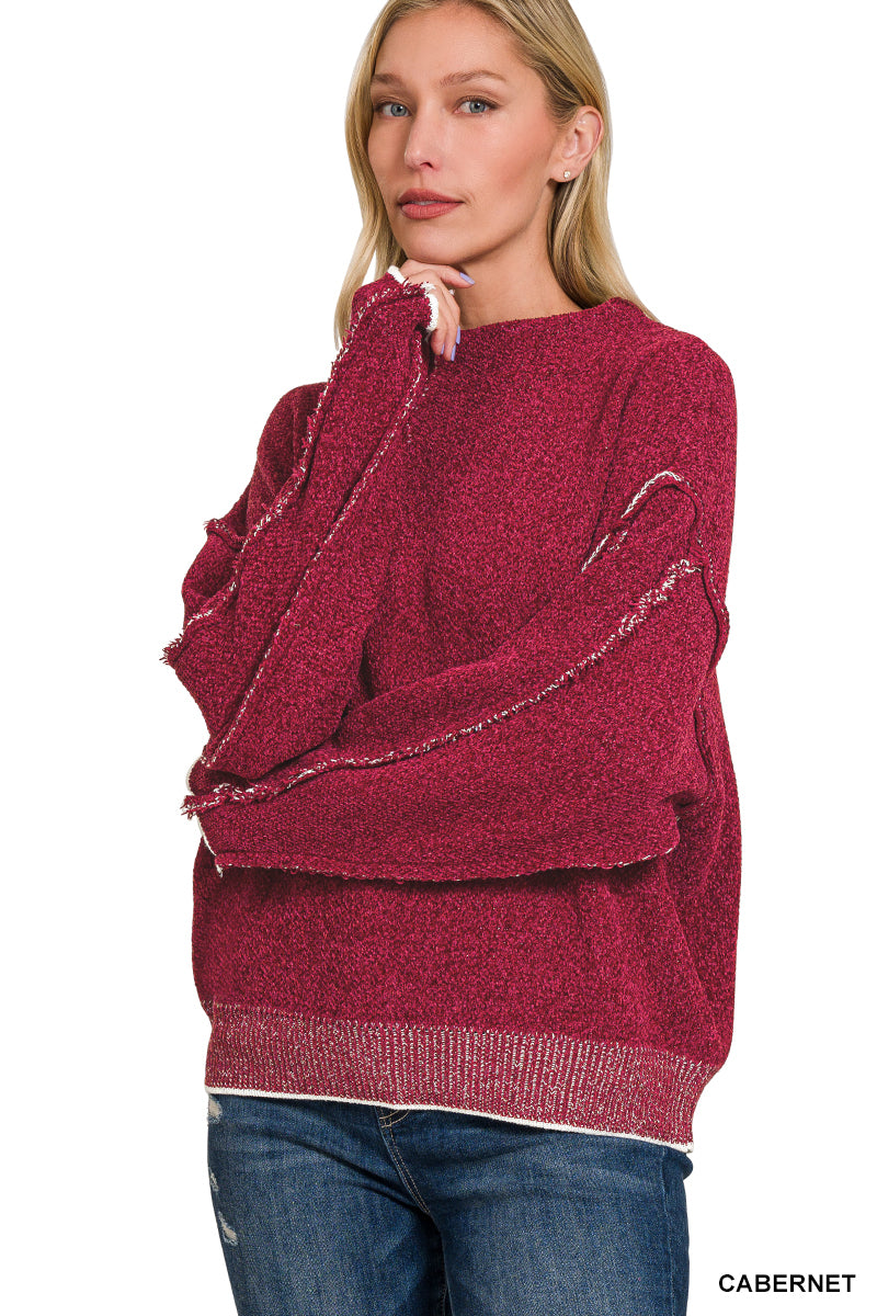 Zenana Mock Neck Raw Seam Chenille Sweater