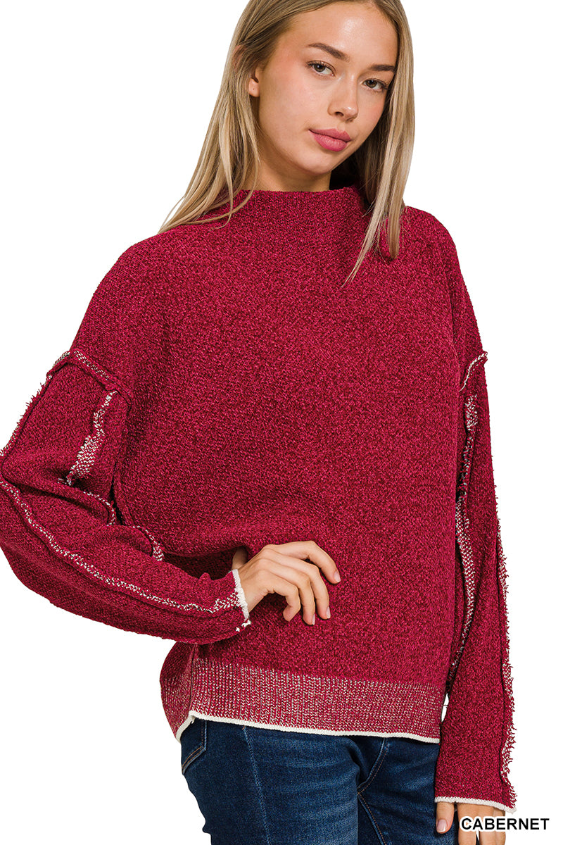 Zenana Mock Neck Raw Seam Chenille Sweater