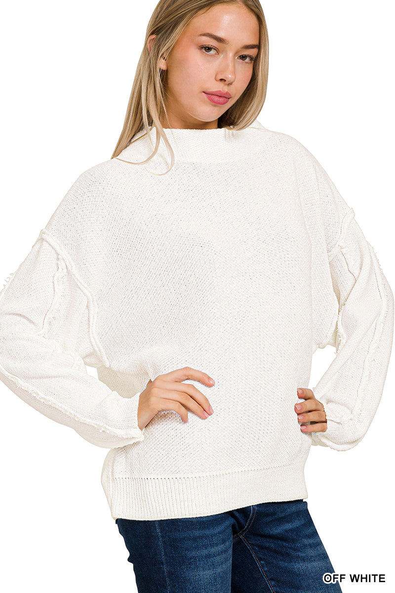 Zenana Mock Neck Raw Seam Chenille Sweater