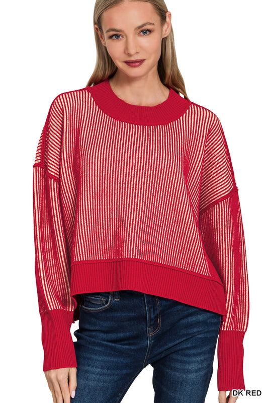 Zenana Crop Exposed Seam Two Tone Sweater