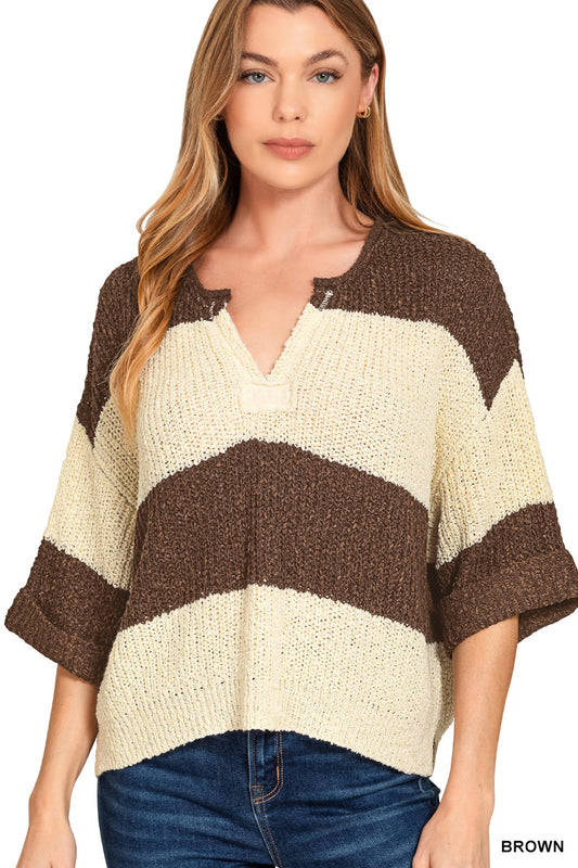 Zenana Split Neck Stripe Sweater