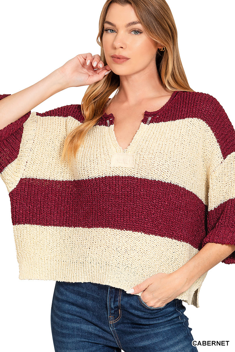 Zenana Split Neck Stripe Sweater