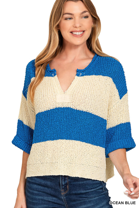 Zenana Split Neck Stripe Sweater