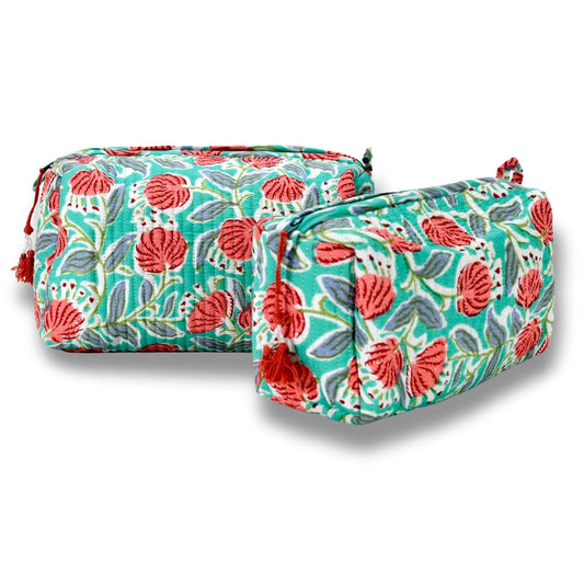 Quilted Mint Floral Cosmetic Bag Set