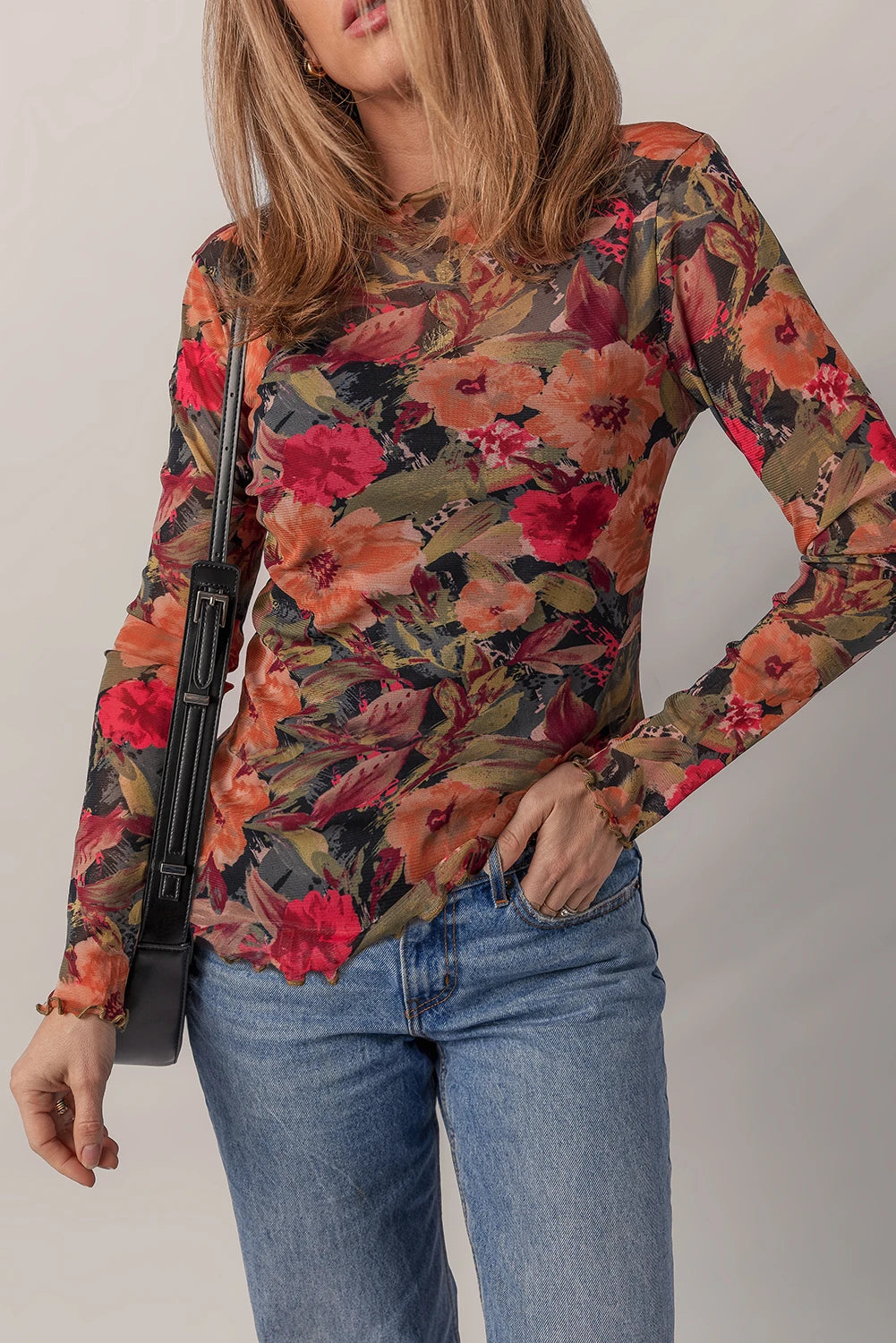Floral Print Long Sleeve Mesh Top